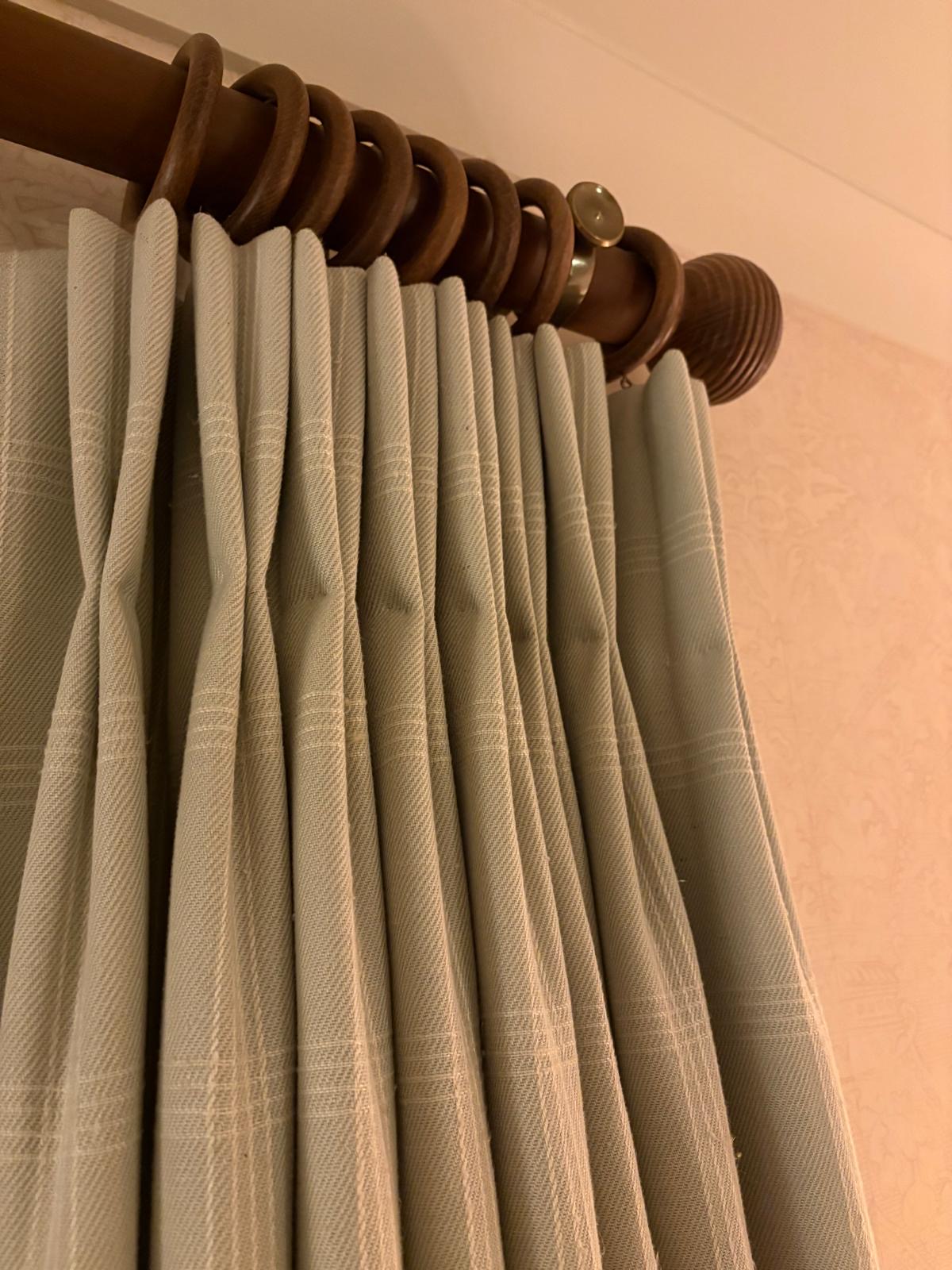 Sage and cream striped pinch pleat curtains, close detail